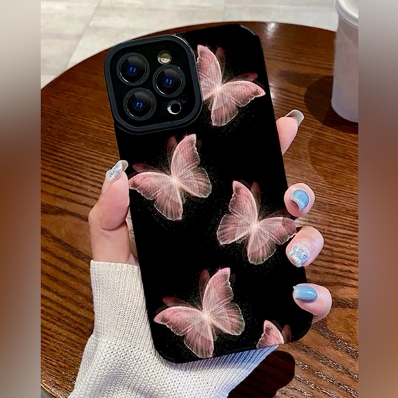 NWT iPhone13ProMax Wing Fluttering Pink Butterfly Black Rubber Phone Case - Picture 1 of 4